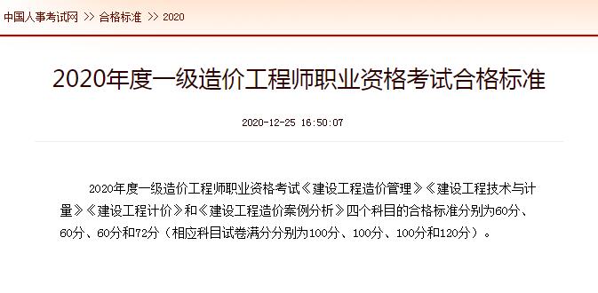 環球網校2020年兵團一級造價工程師考試合格標準